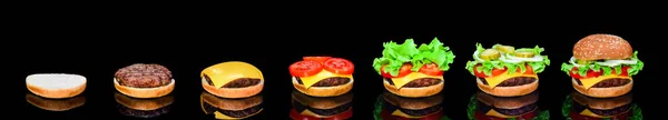 Prozess der Herstellung von Burger, Schritt für Schritt isoliert auf schwarzem Hintergrund. Burger breites Banner. Split Burger. Burger in Teile zerlegt — Stockfoto