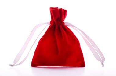 Takı çanta. İpli çanta. Beyaz zemin üzerine kırmızı kadife kese