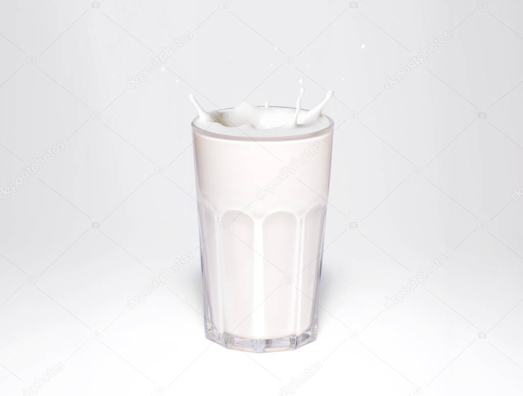 Milk Splash in a glass On White Background. Splashes of milk, splashing yogurt close-up. Template for the falling in the milk berry or a piece of fruit