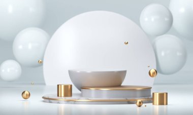 Yuvarlak podyum, kaide veya platform. Reklam yeri sahnesi. Boş ışık ürünleri standı. 3d Hazırlama.