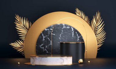 Yuvarlak podyum, kaide veya platform. Reklam yeri sahnesi. Boş ürün standı. 3d Hazırlama.