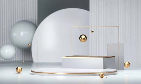 Yuvarlak podyum, kaide veya platform. Reklam yeri sahnesi. Boş ışık ürünleri standı. 3d Hazırlama.