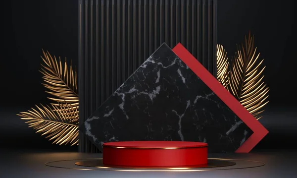Yuvarlak kırmızı podyum, kaide ya da platform. Reklam yeri sahnesi. Boş ürün standı. 3d Hazırlama.