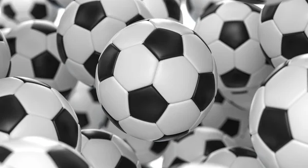 Sportlicher Hintergrund. Fußball oder Fußballbälle. 3D-Darstellung. — Stockfoto