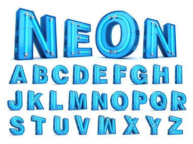 Beyaz zemin üzerine Neon ışık alfabe 3d render