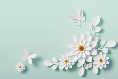 Çiçek kağıt tarzı, renkli gül, kağıt zanaat çiçek, Kelebek kağıt sinek, 3d render, kırpma yolu ile.