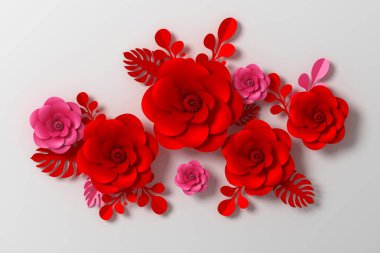 Çiçek kağıt tarzı, renkli gül, kağıt zanaat çiçek, 3d render, kırpma yolu ile.