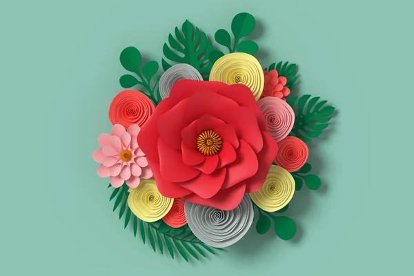 Flower paper style, colorful rose, paper craft floral, 3d rendering, with clipping path.