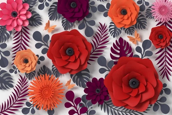 Flower paper style, colorful rose, paper craft floral, Butterfly paper fly, 3d rendering, with clipping path.