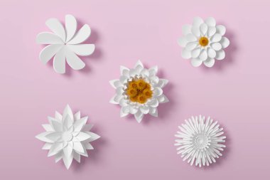 Çiçek kağıt tarzı, renkli gül, kağıt zanaat çiçek, 3d render, kırpma yolu ile.