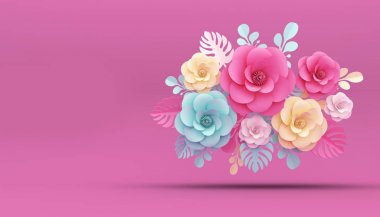 Çiçek kağıt tarzı, renkli gül, kağıt zanaat çiçek, 3d render, kırpma yolu ile.