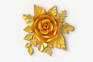 Altın Çiçek kağıt tarzı, kağıt zanaat çiçek, 3d render, kırpma yolu ile.