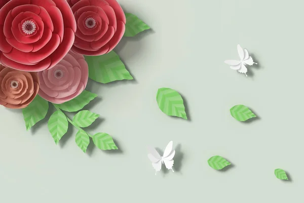 Flower paper style, colorful rose, paper craft floral, Butterfly paper fly, 3d rendering, with clipping path.