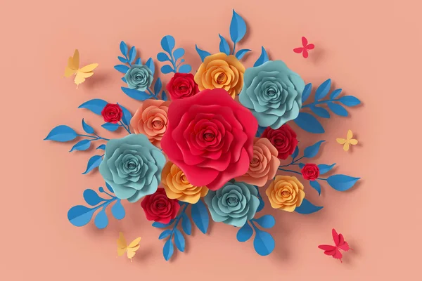 Çiçek kağıt tarzı, renkli gül, kağıt zanaat çiçek, Kelebek kağıt sinek, 3d render, kırpma yolu ile.