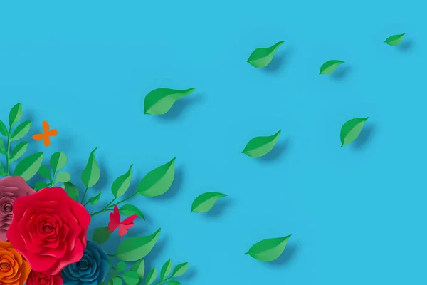 花纸风格 五颜六色的玫瑰 纸工艺花卉 蝴蝶纸飞 三维渲染 带剪贴路径 — 图库照片