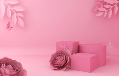 Kozmetik ürün sunumu için arka planı görüntüleyin. Boş vitrin, 3d çiçek kağıt illüstrasyon render.