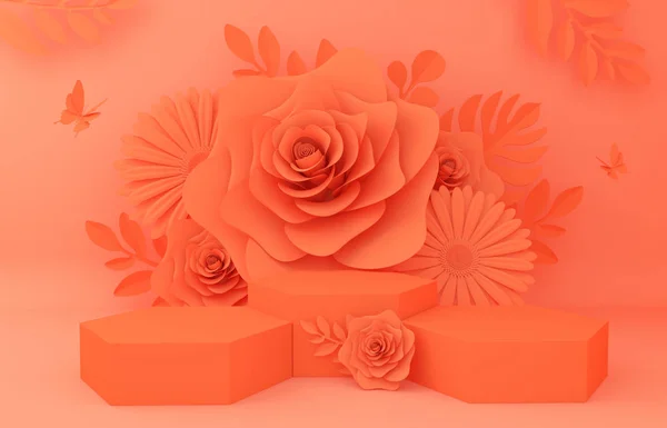 Display background for Cosmetic product presentation. Empty showcase, 3d flower paper illustration rendering.