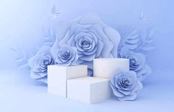 Display background for Cosmetic product presentation. Empty showcase, 3d flower paper illustration rendering.