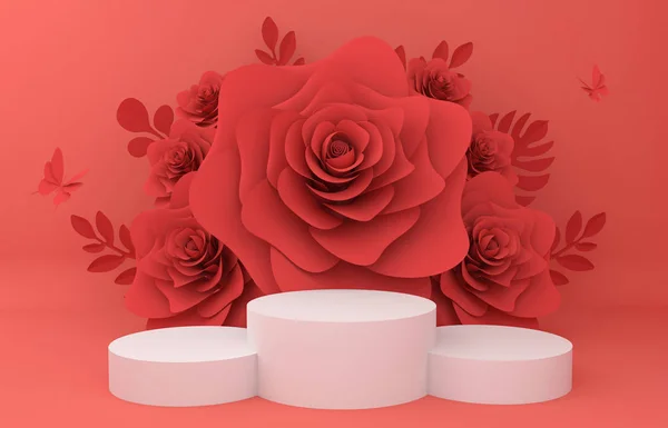 Kozmetik ürün sunumu için arka planı görüntüleyin. Boş vitrin, 3d çiçek kağıt illüstrasyon render.
