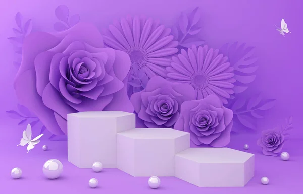 Display background for Cosmetic product presentation. Empty showcase, 3d flower paper illustration rendering.