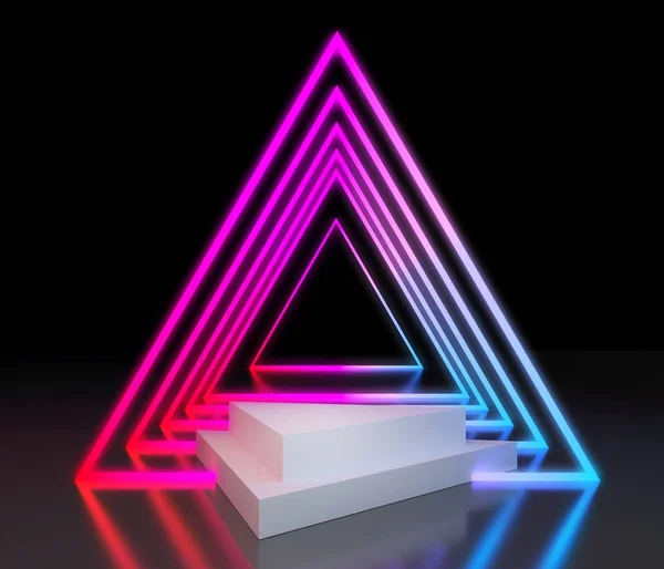 製品プレゼンテーションの背景 カラフルなネオンライト 輝く線 3Dレンダリングイラストレーションの表示 — ストック写真