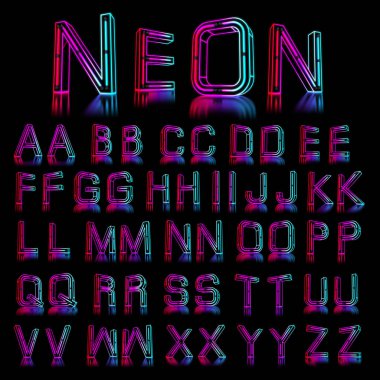 Parlayan Renkli Neon Alfabesi. 3d render illüstrasyon.