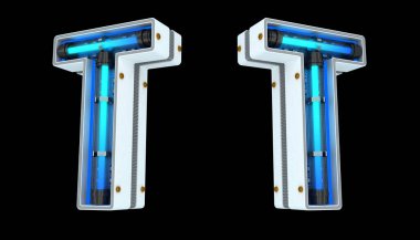 Beyaz alfabe Neon ışık 3d kırpma yolları ile resimleme.