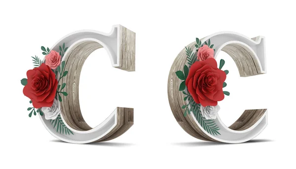 クリッピングパスを持つ白い背景に木製のアルファベットとカラフルな花の装飾 3Dレンダリング図 — ストック写真