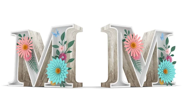 Alfabeto Madeira Decoração Flores Coloridas Fundo Branco Com Caminhos Recorte — Fotografia de Stock