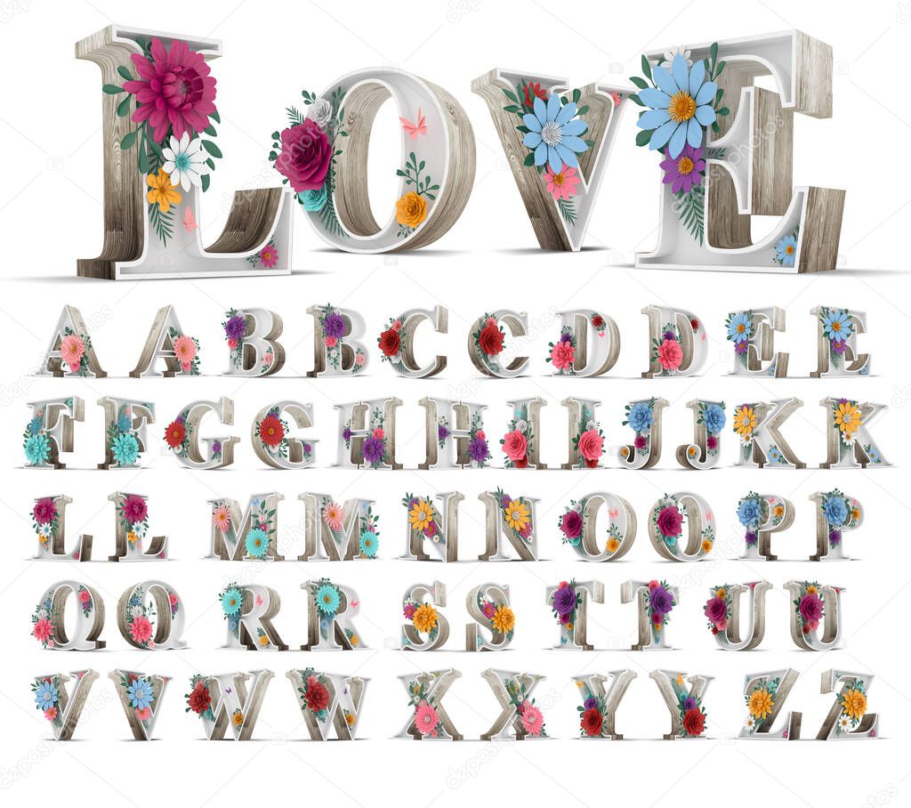 Wood alphabet and colorful flower decoration on white background. 3d rendering illustration.