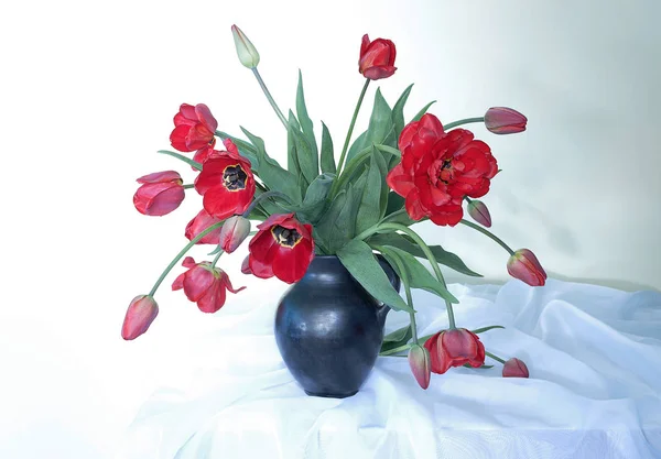 Bir Vazoda Kırmızı Lale Bahar Çiçekleri Beyaz Arka Planda Siyah — Stok fotoğraf