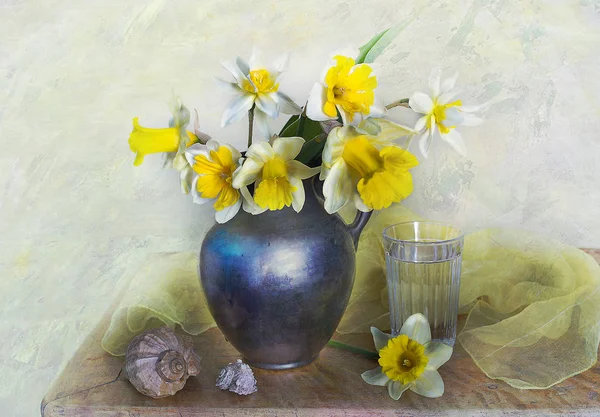 Flores Primavera Buquete Natureza Morta Com Tulipas Narcisos Vaso — Fotografia de Stock