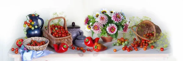 Thanksgiving autumn background panorama, seasonal autumn berries, pumpkins, apples and flowers on wooden background. The concept of a happy Thanksgiving. Thanksgiving holiday background. Still life with Thanksgiving day concept