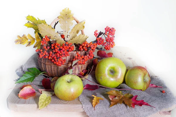 Stillleben Mit Roten Beeren Korb Und Natürlichen Äpfeln — Stockfoto