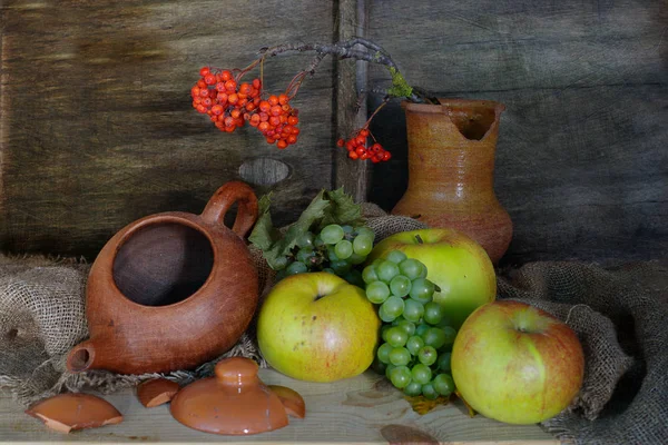 Stillleben Alten Stil Mit Äpfeln Trauben Und Vogelbeerzweigen — Stockfoto