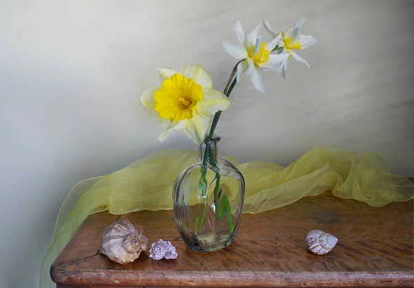 Fiori Primavera Bouquet Natura Morta Con Tulipani Narcisi Vaso — Foto Stock