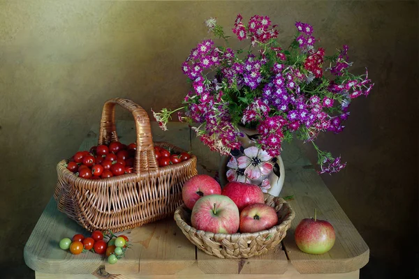 Still Life Tomatoes Apples Basket Flowers Vase — Stock Photo, Image