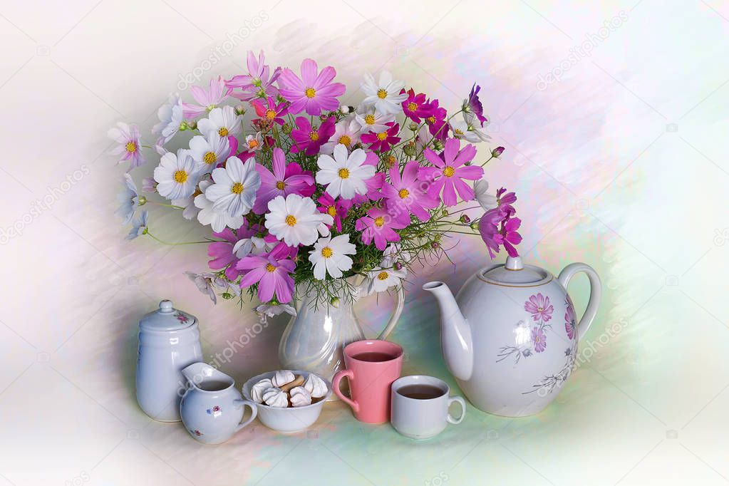 Still life with daisies in a vase on the table in the kitchen on a colorful background