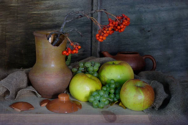 Stillleben Alten Stil Mit Äpfeln Trauben Und Vogelbeerzweigen — Stockfoto