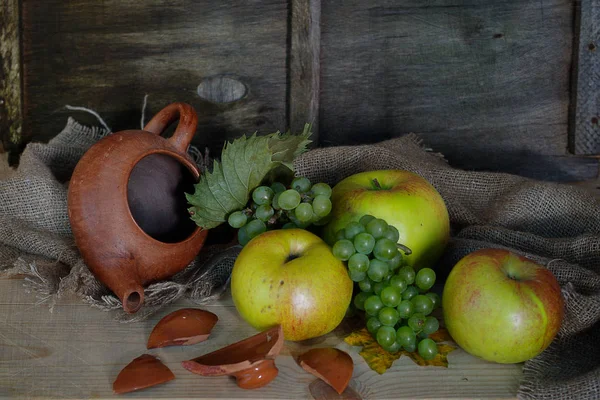 Still Life Old Style Apples Grapes Rowan Twig — Stock Photo, Image
