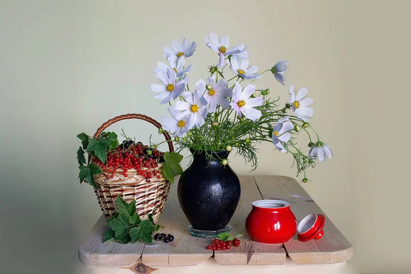 Stilleven Met Witte Madeliefjes Een Vaas Een Mandje Met Rijpe — Stockfoto