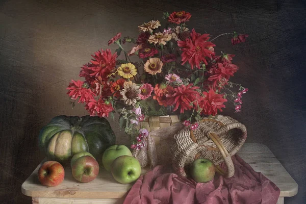 Őszi Fotó Csendélet Virág Érett Zöldség Gyümölcs — Stock Fotó
