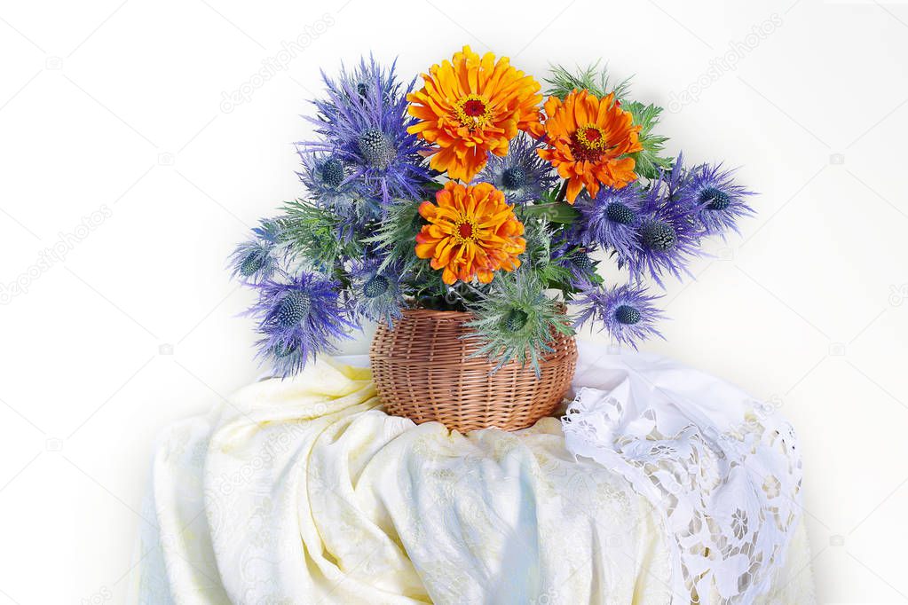 Still life with orange zinnia in a vase on a white background.A beautiful bouquet of zinnias.