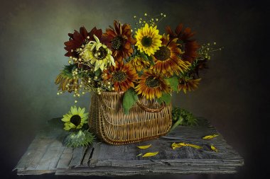 Koyu yeşil bir arka plan üzerinde izole bir sepet içinde ayçiçeği ile Buket.