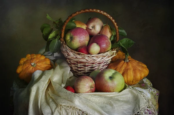 Nature Morte Avec Une Récolte Pommes Citrouilles Jour Action Grâces — Photo