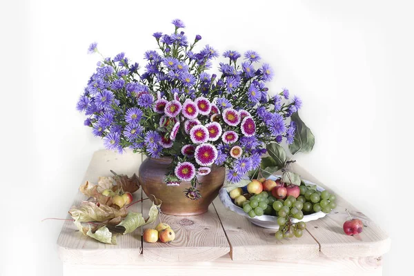 Still Life Blue Daisies Pink Asters Isolated Brown Background — Stock Fotó