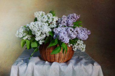 Güzel bir arka planda izole edilmiş sepetteki leylak buketi..