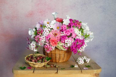 Masadaki sepetin içinde pembe çiçekler..