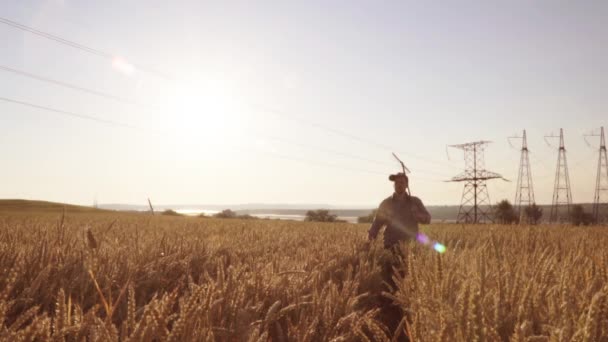 Ένας αγρότης με μια τσουγκράνα βόλτες μέσα από ένα πεδίο σιτάρι, στην Ανατολή του ηλίου — Αρχείο Βίντεο