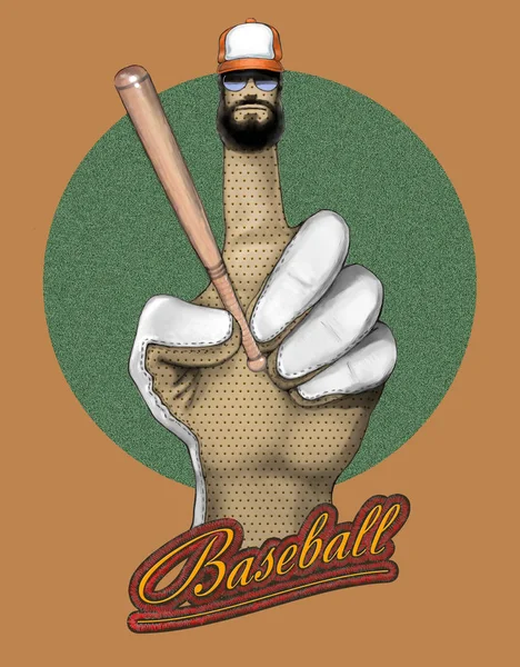 Main gantée tenant une batte de baseball. L'inscription "Baseball " — Photo